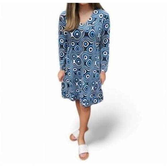 NEW ERMA’S CLOSET circle and swirl print vneck dress in black/blue/white - Picture 1 of 1